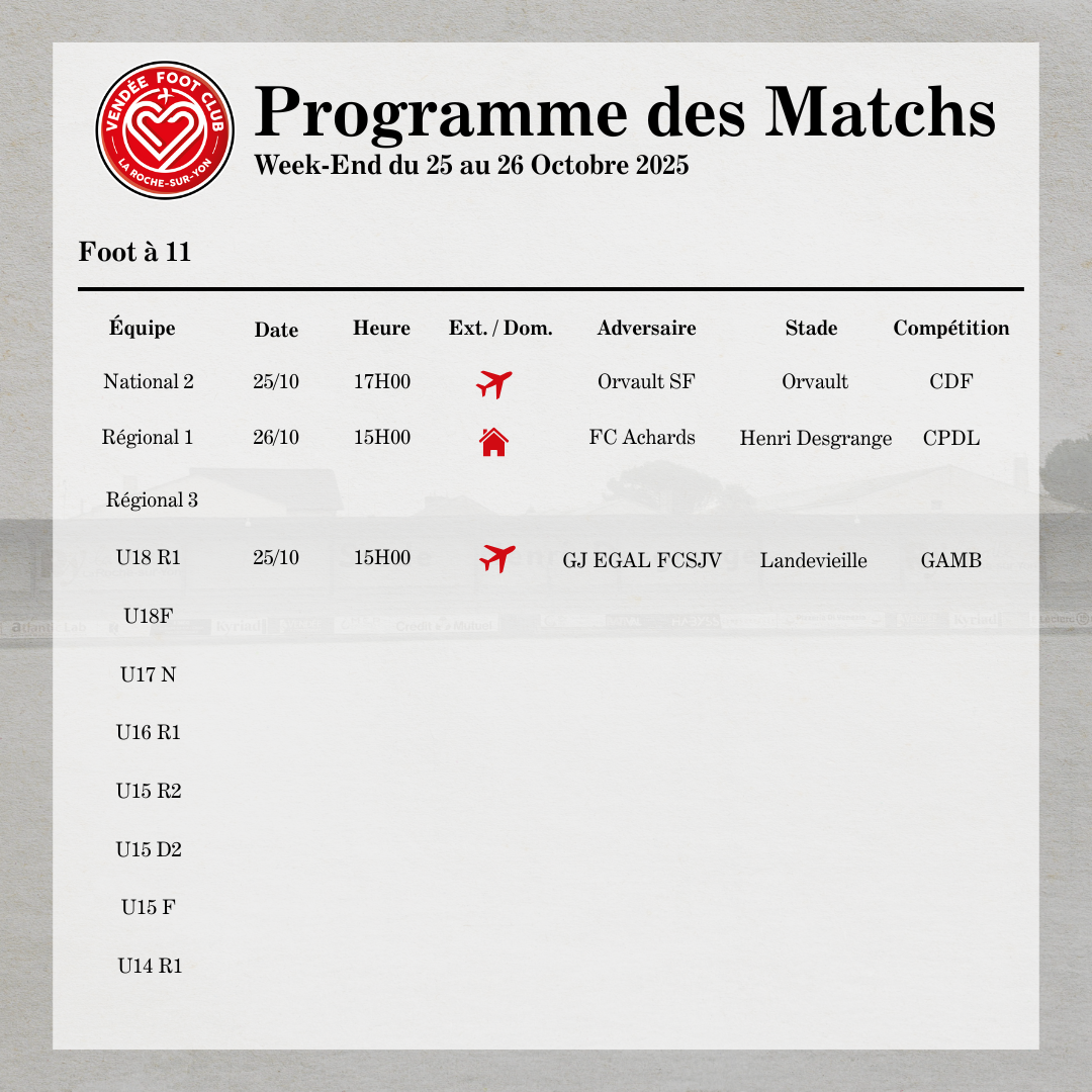 Programme des matchs du 25 et 26 octobre 2025 du Vendée FC La Roche-sur-Yon. Les équipes qui joueront seront la National 2, la Régional 1 et les U18R1