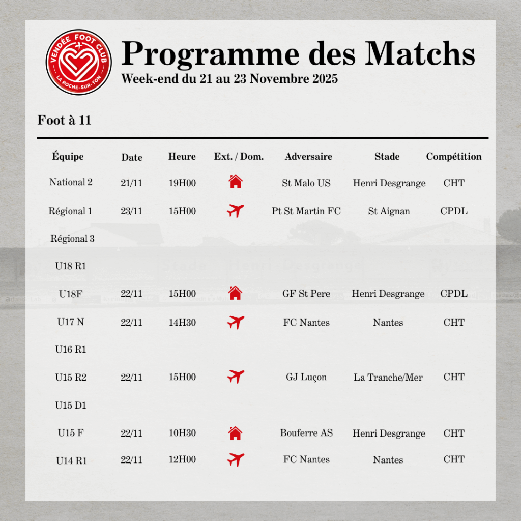 Programme des matchs du week-end
